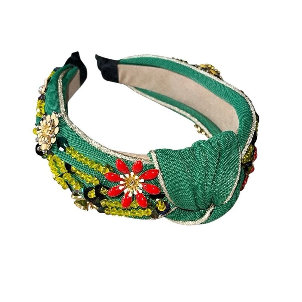 Green Rhinestone‎ Wide Jeweled  Headband Handmade Hair Accessories Floral Flower